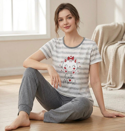 “Cutie Meow” Striped Pyjama Set – Adorable Comfort for Girls | Comfortable Women's Clothing UAE | House of Shreenaa