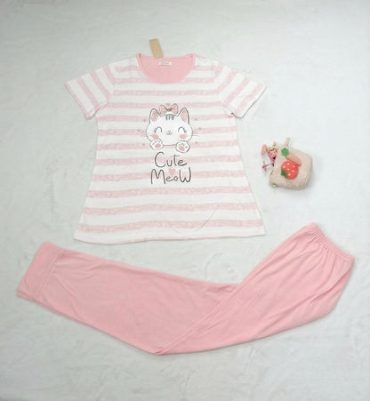 “Cutie Meow” Striped Pyjama Set – Adorable Comfort for Girls | Comfortable Women's Clothing UAE | House of Shreenaa