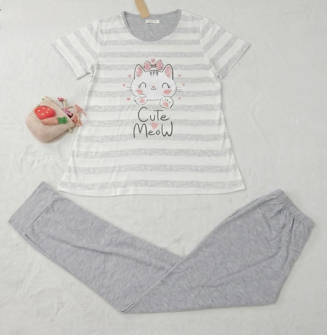 “Cutie Meow” Striped Pyjama Set – Adorable Comfort for Girls | Comfortable Women's Clothing UAE | House of Shreenaa