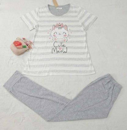 “Cutie Meow” Striped Pyjama Set – Adorable Comfort for Girls | Comfortable Women's Clothing UAE | House of Shreenaa
