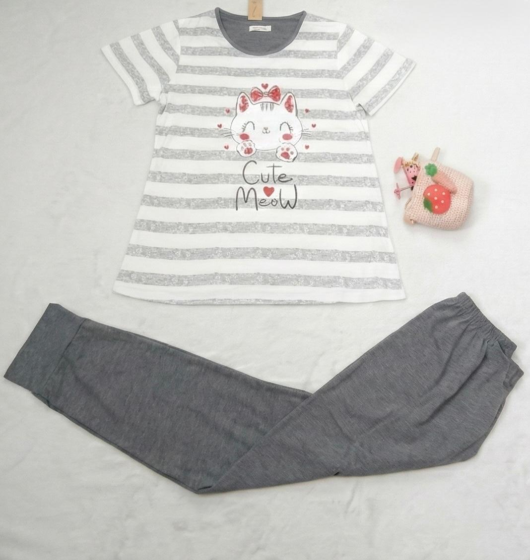 “Cutie Meow” Striped Pyjama Set – Adorable Comfort for Girls | Comfortable Women's Clothing UAE | House of Shreenaa