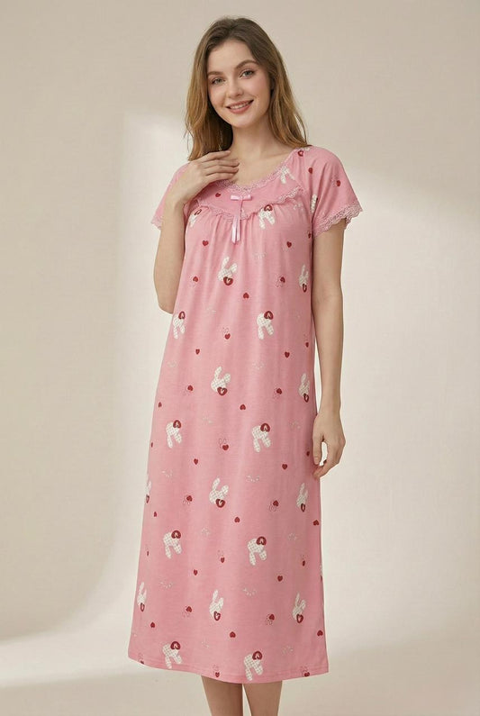 Pink Cotton Full-Length Nightgown with Lace Neckline – Soft & Comfortable Sleepwear | Comfortable Women's Clothing UAE | House of Shreenaa