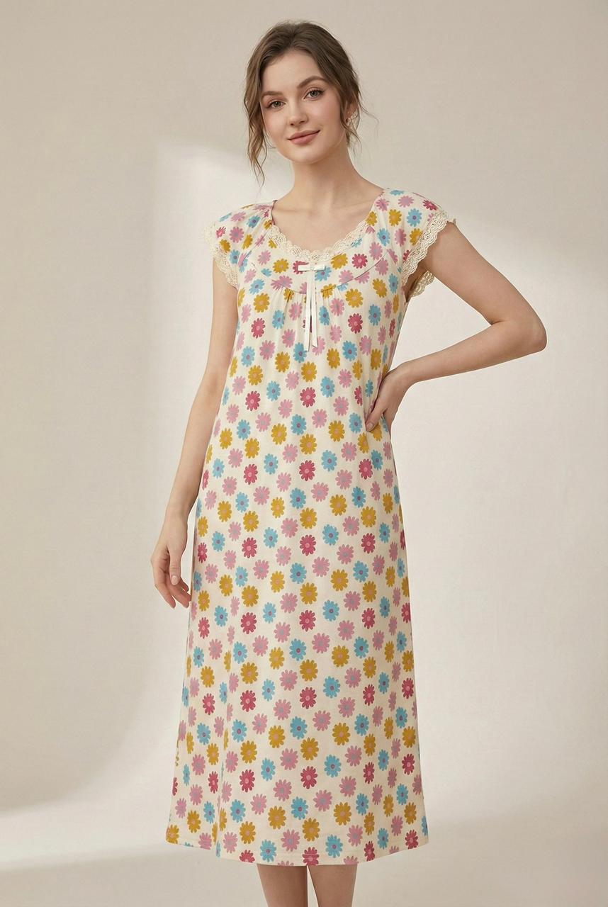 Floral Beige Soft Night Gown with Cap Sleeves & Full Length for Women | Comfortable Women's Clothing UAE | House of Shreenaa