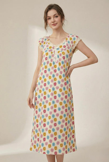 Floral Beige Soft Night Gown with Cap Sleeves & Full Length for Women | Comfortable Women's Clothing UAE | House of Shreenaa