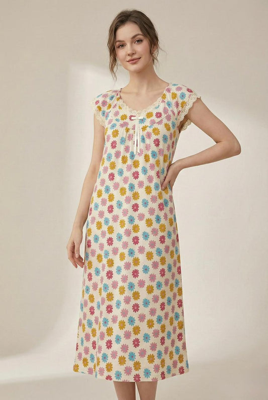 Floral Beige Soft Night Gown with Cap Sleeves & Full Length for Women | Comfortable Women's Clothing UAE | House of Shreenaa
