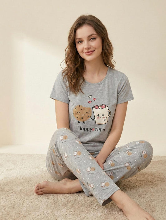 “Happy Time" Print Pyjama Set – Playful Comfort for Every Mood for Girls | Comfortable Women's Clothing UAE | House of Shreenaa