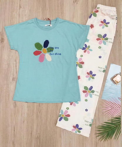 Sunshine Bloom Cotton Pyjama Set - Floral Print Slogan Nightsuit | Comfortable Women's Clothing UAE | House of Shreenaa