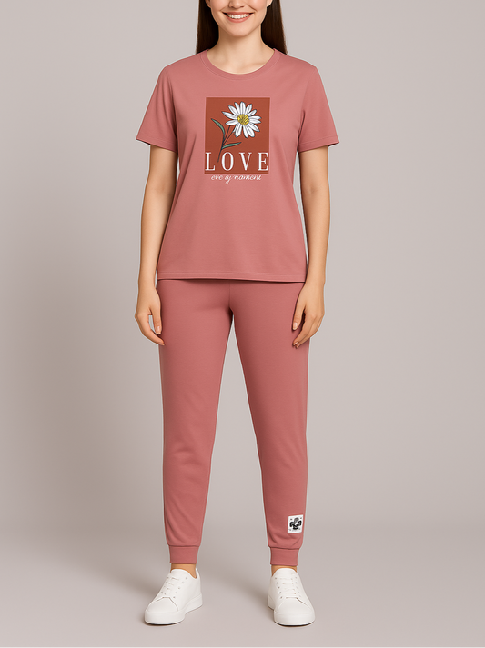 Floral Graphic Cotton Pyjama Set – Soft Comfort with a Touch of Love for Women