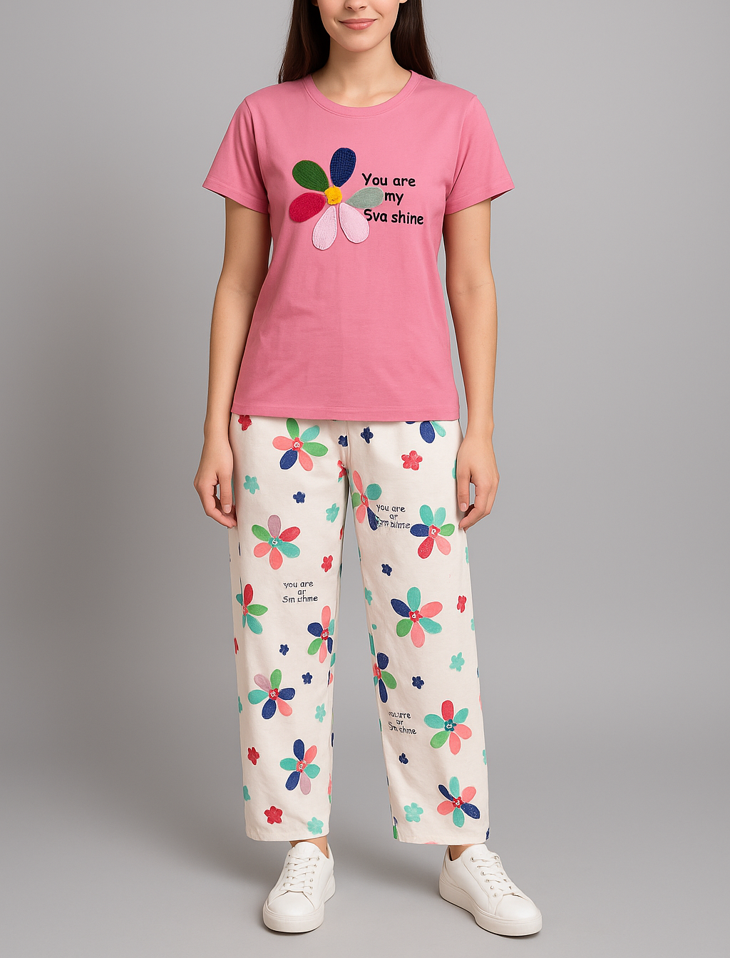 pink Sunshine Bloom Pyjama Set – Uplifting Floral Comfort for Everyday Lounging for Women ,