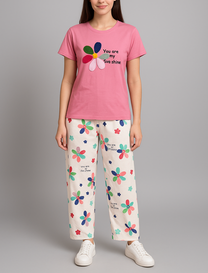 pink Sunshine Bloom Pyjama Set – Uplifting Floral Comfort for Everyday Lounging for Women ,
