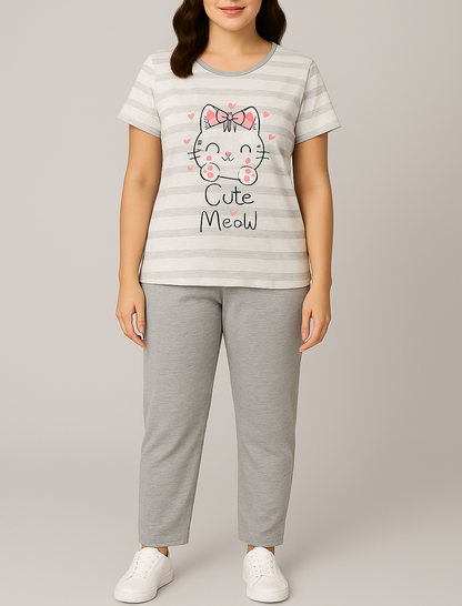 “Cutie Meow” Striped Pyjama Set – Adorable Comfort for Girls
