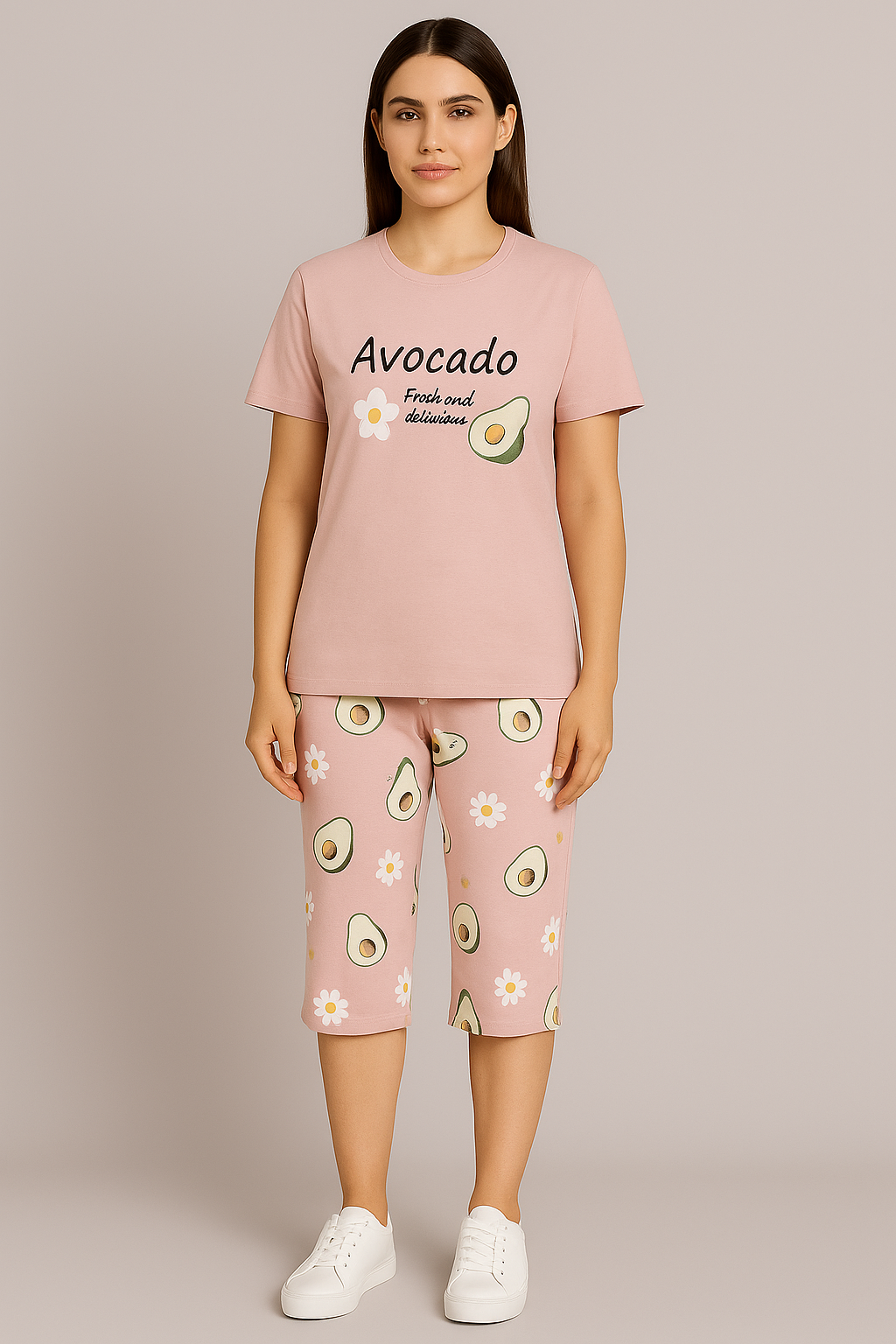 Avocado Print Capri Nightwear Set for Women – Peach - House of Shreenaa