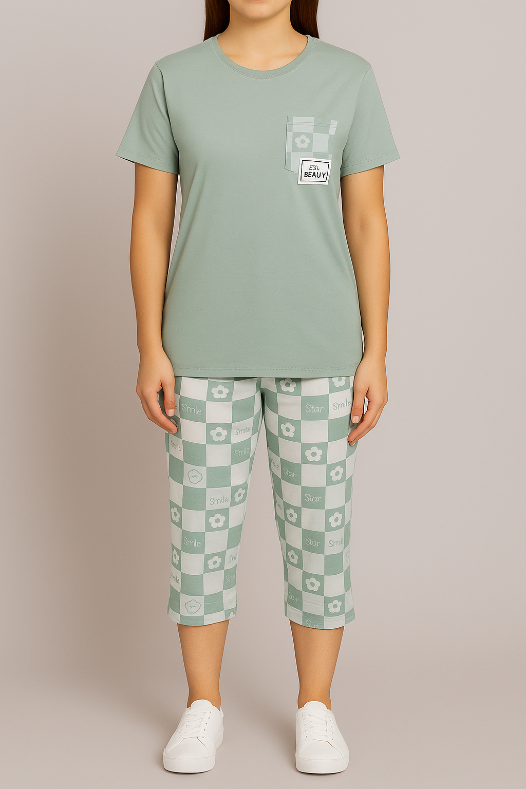 Sage Green Checkered Capri Nightwear Set – 2-Piece Cotton Loungewear - House of Shreenaa