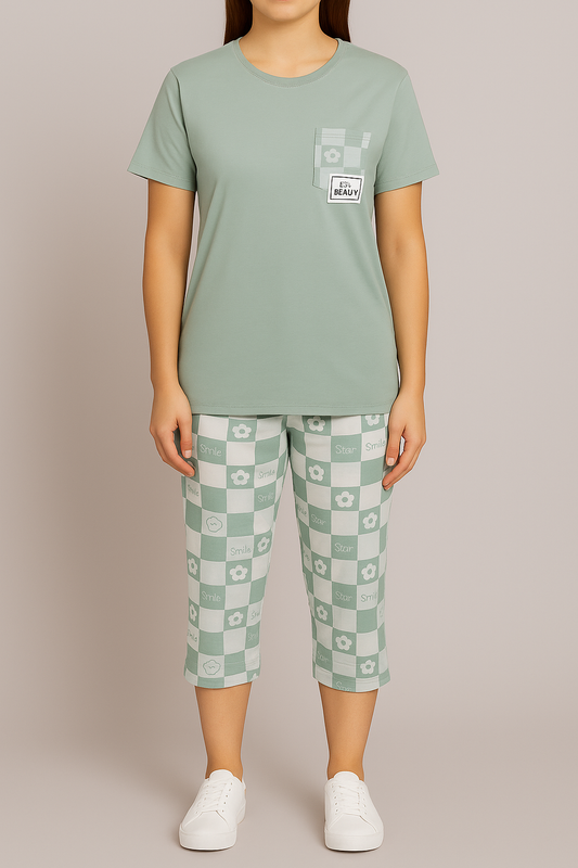 Sage Green Checkered Capri Nightwear Set – 2-Piece Cotton Loungewear - House of Shreenaa