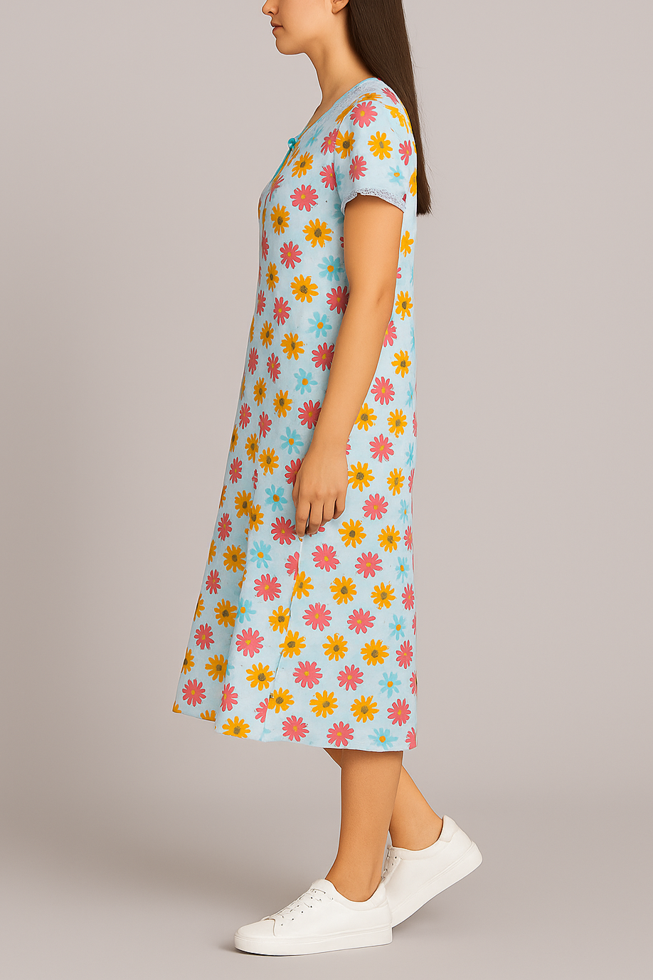 Floral Blue Cotton Night Gown with Cap Sleeves – Full Length Comfort Nightwear for Women - House of Shreenaa