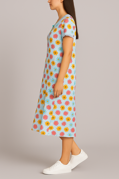 Floral Blue Cotton Night Gown with Cap Sleeves – Full Length Comfort Nightwear for Women - House of Shreenaa